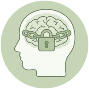Ícone circular em tons de verde suave mostrando o perfil de uma cabeça humana com um cérebro acorrentado e trancado por um cadeado na região da testa, simbolizando um bloqueio mental.