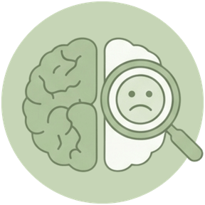 O Gemini disse Ícone circular em tons de verde suave exibindo a ilustração de um cérebro visto de cima; uma lupa foca no lado direito, revelando um rosto com expressão triste, simbolizando distorções cognitivas.