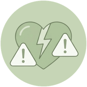 Ícone circular em tons de verde suave apresentando um coração com um símbolo de raio no centro, ladeado por dois triângulos de alerta com pontos de exclamação, representando gatilhos emocionais.