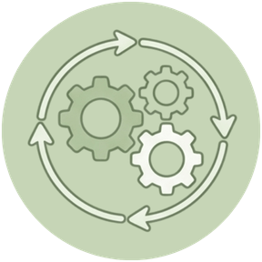 Ícone circular em tons de verde suave contendo três engrenagens conectadas no centro, envolvidas por setas circulares que indicam um fluxo contínuo, simbolizando padrões de comportamento.