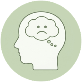 Ícone circular em tons de verde suave com o perfil de uma cabeça humana; dentro dela, um balão de pensamento contendo um rosto triste, simbolizando pensamentos automáticos negativos.