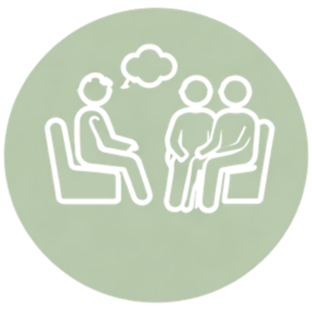 Ícone de terapeuta atendendo um casal sentado lado a lado, com balão de pensamento acima, em um círculo verde.