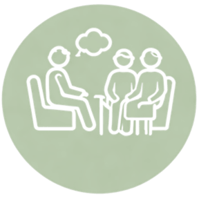 Ícone de terapeuta conversando com dois idosos sentados juntos, com balão de pensamento, dentro de um círculo verde suave.